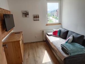 a living room with a couch and a flat screen tv at Ferienwohnung Fabiella Döbriach in Döbriach