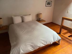 a bedroom with a large white bed with two lamps at Quinta Luna in Cholula