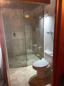 a bathroom with a toilet and a glass shower at Quinta Luna in Cholula