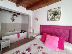 een slaapkamer met een roze bed en een bad bij PEÑAFIEL DREAMS CON JACUZZI 4 PERSONAS in Peñafiel