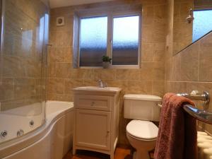 a bathroom with a toilet and a tub and a sink at Shepherds Cottage in Shrewsbury +9 photos