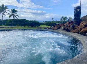 a large pool of water with palm trees in the background at Beachfront 1 Bedroom Condo with Private Beach, Pool, Hot Tub in Pahala