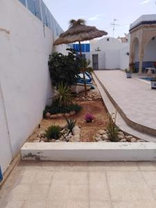 einen Garten mit einem Sonnenschirm neben einem Gebäude in der Unterkunft Maison typiques (houche) avec piscine in Houmt Souk