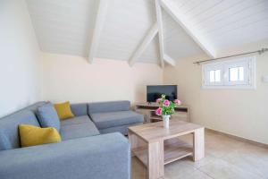 ein Wohnzimmer mit einer blauen Couch und einem Fernseher in der Unterkunft Brunswick Villa Units Party & Wedding Complex by "elite" in Laganas