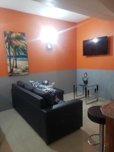 a living room with a black couch and a tv at Skyland Oasis in Carnbee Village