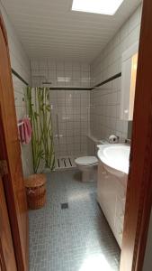 ein Badezimmer mit Toilette und Waschbecken in der Unterkunft Apartments Casa Blanca in Charco del Palo