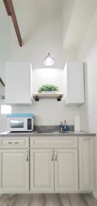a kitchen with white cabinets and a microwave at King Size Sassy Studio in St Petersburg