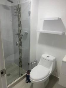 a bathroom with a toilet and a glass shower at Hermoso apartamento recién remodelado zona top in San Andrés