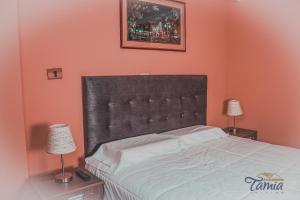 a bedroom with a bed with a black headboard and two lamps at Hotel Residencial Tamia in Huaraz