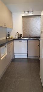 a small kitchen with a sink and a microwave at Lakefront Apartments,18 LAKE ESPLANADE ROAD in Queenstown