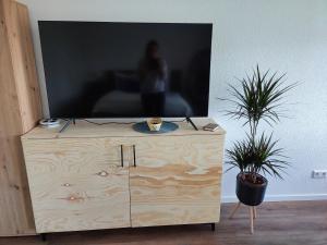 a wooden cabinet with a tv on top of it at Gemütliches Studio mit Ausblick, Pool und WiFi in Baiersbronn
