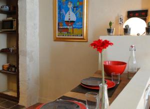 un bancone della cucina con un vaso con un fiore rosso di Tomettes ad Avignone