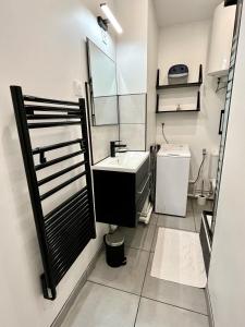 a bathroom with a sink and a mirror at Studio avec grande terrasse et parking privatifs in Caen