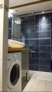 a bathroom with a sink and a washing machine at L'Eterlou Saint Blaise, bel appartement neuf mansardé in Saint-Blaise
