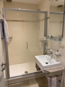 ein Bad mit einer Dusche und einem weißen Waschbecken in der Unterkunft Gasthof & Restaurant "Am Kreuz" in Essen