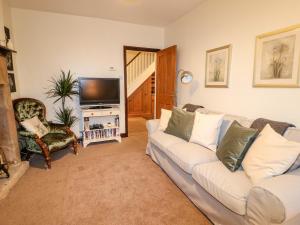 sala de estar con sofá y TV en Woodbine Cottage en Matlock