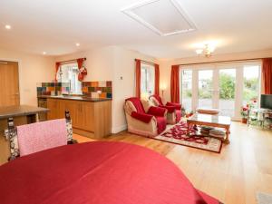 cocina y sala de estar con alfombra roja en Vine Lodge, en Martock