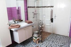 a bathroom with a sink and a shower at Waldhof Grasel in Neuhaus