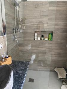 ein Bad mit einer Dusche und einem Waschbecken in der Unterkunft Appartamento nel fabbricato denominato Il Castello in Praia a Mare