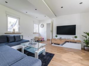 ein Wohnzimmer mit einem blauen Sofa und einem TV in der Unterkunft Ferienwohnung Kurparkblick Sauerland in Lennestadt