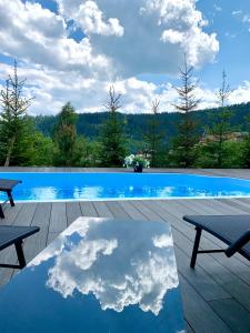 布克維的住宿－Шале БІЛИЙ ЛЕВ - WHITE LION Chalet，一座游泳池,在桌子上映着天空