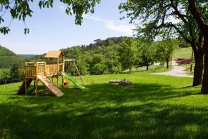 einen Spielplatz auf einem Grasfeld mit einem Baum in der Unterkunft Waldhof Grasel in Neuhaus