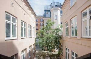 an alley between two buildings with a tree in the middle at City apartment perfect for a family or group! in Copenhagen