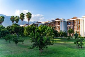 a row of palm trees in front of a building at AQI Hydros Club in Kemer