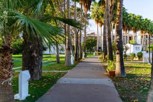 a sidewalk lined with palm trees in a park at AQI Hydros Club in Kemer