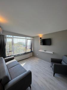 uma sala de estar com 2 sofás e uma televisão de ecrã plano em Hotel Peninsula em Istambul