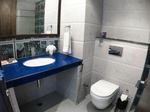 a bathroom with a blue sink and a toilet at Peaks And Pines Resort in Lansdowne