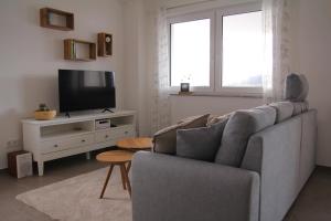 a living room with a gray couch and a television at AusZeit Schönwald in Schönwald