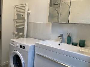 a bathroom with a washing machine and a sink at Appartement avec place de parking et box vélos in Montbéliard