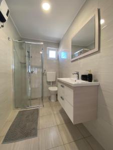 łazienka z prysznicem, umywalką i toaletą w obiekcie Dorothy Apartman Vir w mieście Vir