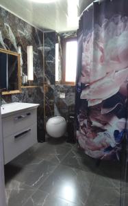 a bathroom with a toilet and a shower curtain at Willa Aurelcia in Świnoujście