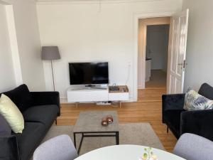 コペンハーゲンにあるModern 1-bedroom apartment in charming Østerbroのリビングルーム(ソファ、薄型テレビ付)