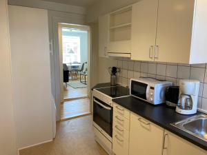 uma cozinha com um lavatório e um micro-ondas em Modern 1-bedroom apartment in charming Østerbro em Copenhague