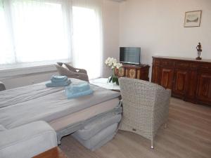 een slaapkamer met een bed met een stoel en een televisie bij Apartment Birkenstrasse 56 by Interhome in Engelberg