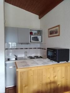 a kitchen with a stove and a microwave at Hameau 4 saisons 124C - Appartement 5 pers - Chatel Reservation in Châtel