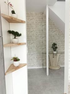 a hallway with white walls and shelves with potted plants at Le temps d'une pause''' 