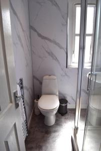 a white bathroom with a toilet and a window at Kelpies Serviced Apartments - Wallace in Falkirk