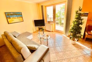 salon z kanapą i telewizorem w obiekcie Sonnige Maisonette-Wohnung mit Blick auf die Bucht w Dziwnowie
