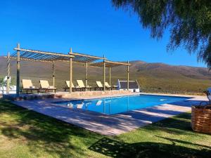 a swimming pool with lounge chairs and a pavilion at African Game Lodge in Montagu