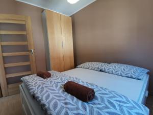 ポラニツァ・ズドルイにあるApartamenty Mikuのベッドルーム1室(ベッド1台、タオル2枚付)