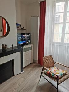 un salon avec une cheminée, une chaise et une télévision dans l'établissement Anémone - studio tout confort en centre ville, à Millau