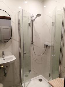 uma casa de banho com um chuveiro e um lavatório. em Hillside Rooms em Pörtschach am Wörthersee