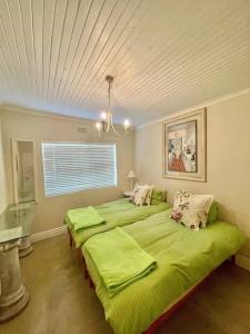 ein Schlafzimmer mit zwei Betten mit grüner Bettwäsche in der Unterkunft Living The Breede - Birdsong Cottage in Malgas