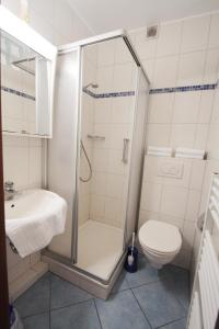 uma casa de banho com um chuveiro e um WC. em Haus Dithmarschen Wohnung 2 em Büsum