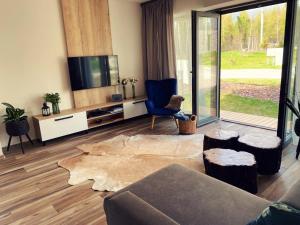a living room with a couch and a tv at Chata3brezy Vysoké Tatry in Stará Lesná