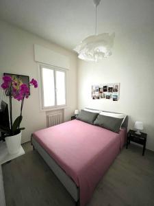 um quarto com uma cama rosa e uma janela em Padova Dream: flat in the heart of Padua em Pádua